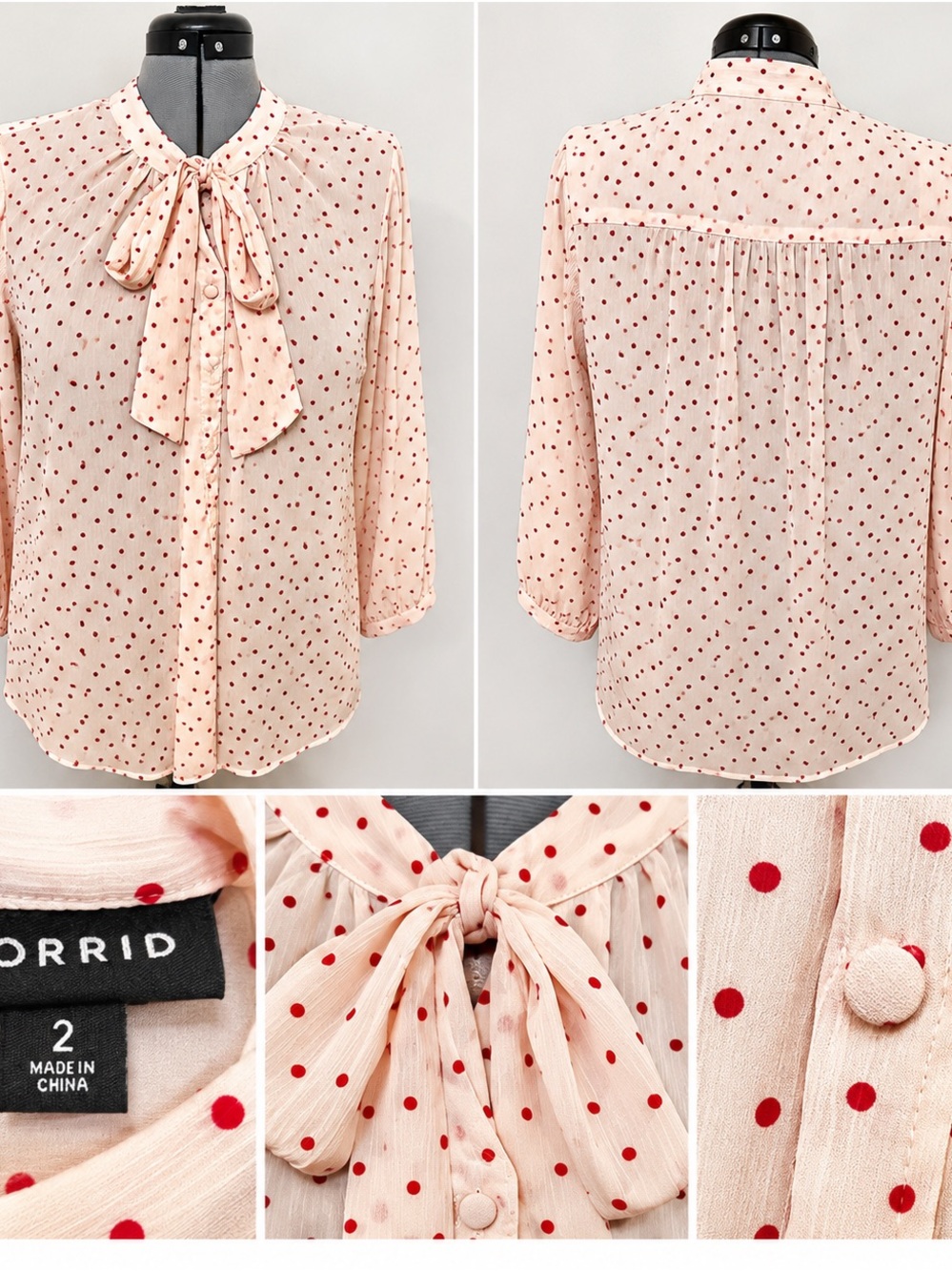 Torrid Size 2 Blush Pink Red Polka Dot Tie Neck Blouse